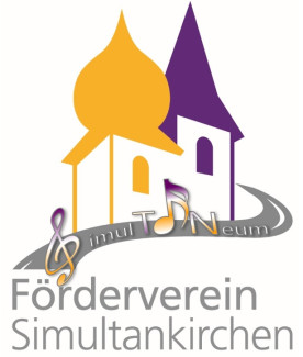 Logo Simultoneum mit zwei Kirchtürmen in gelb und violett, einer Note und einem Notenschlüssel